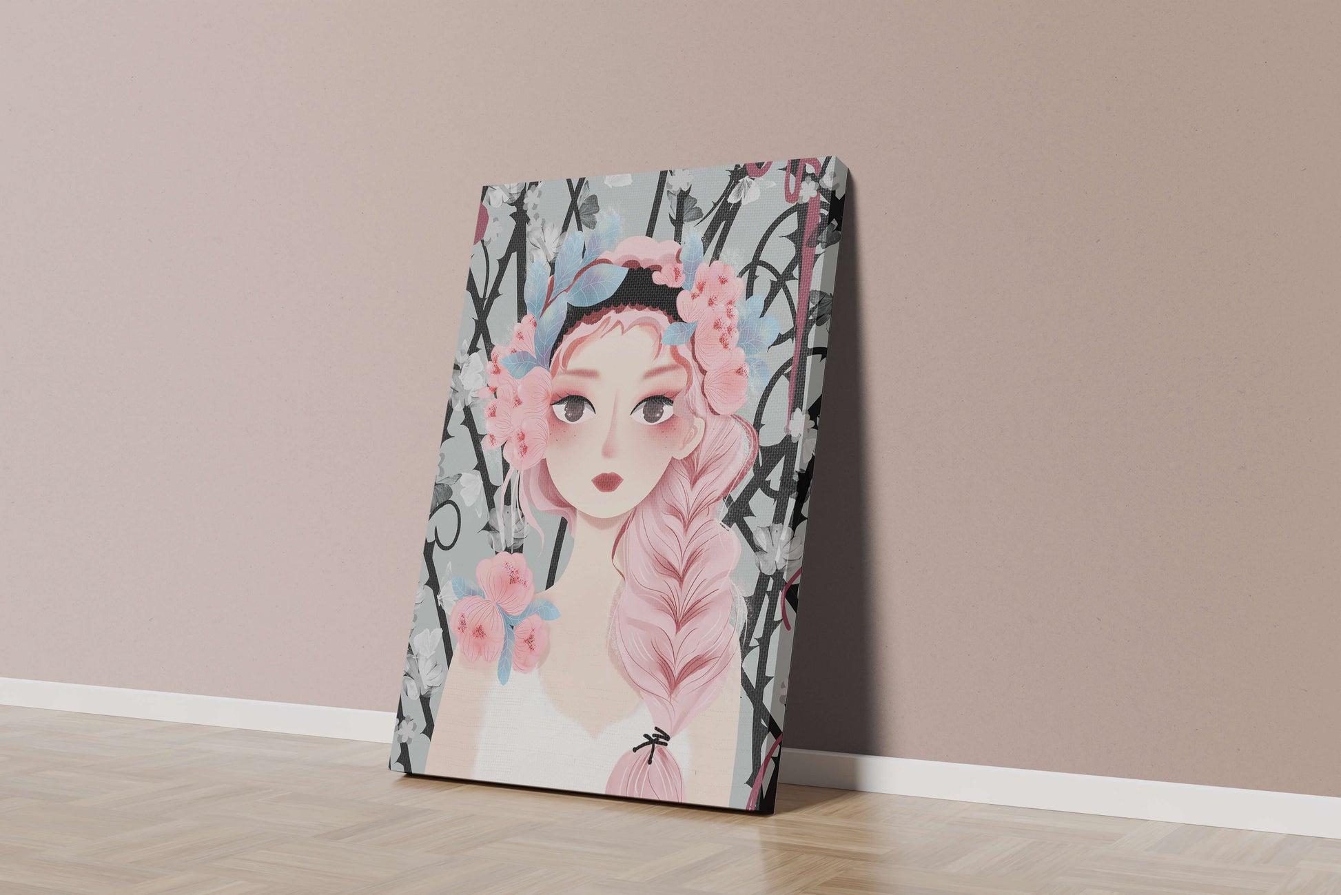 Whimsical illustration of a girl with pink hair and floral crown