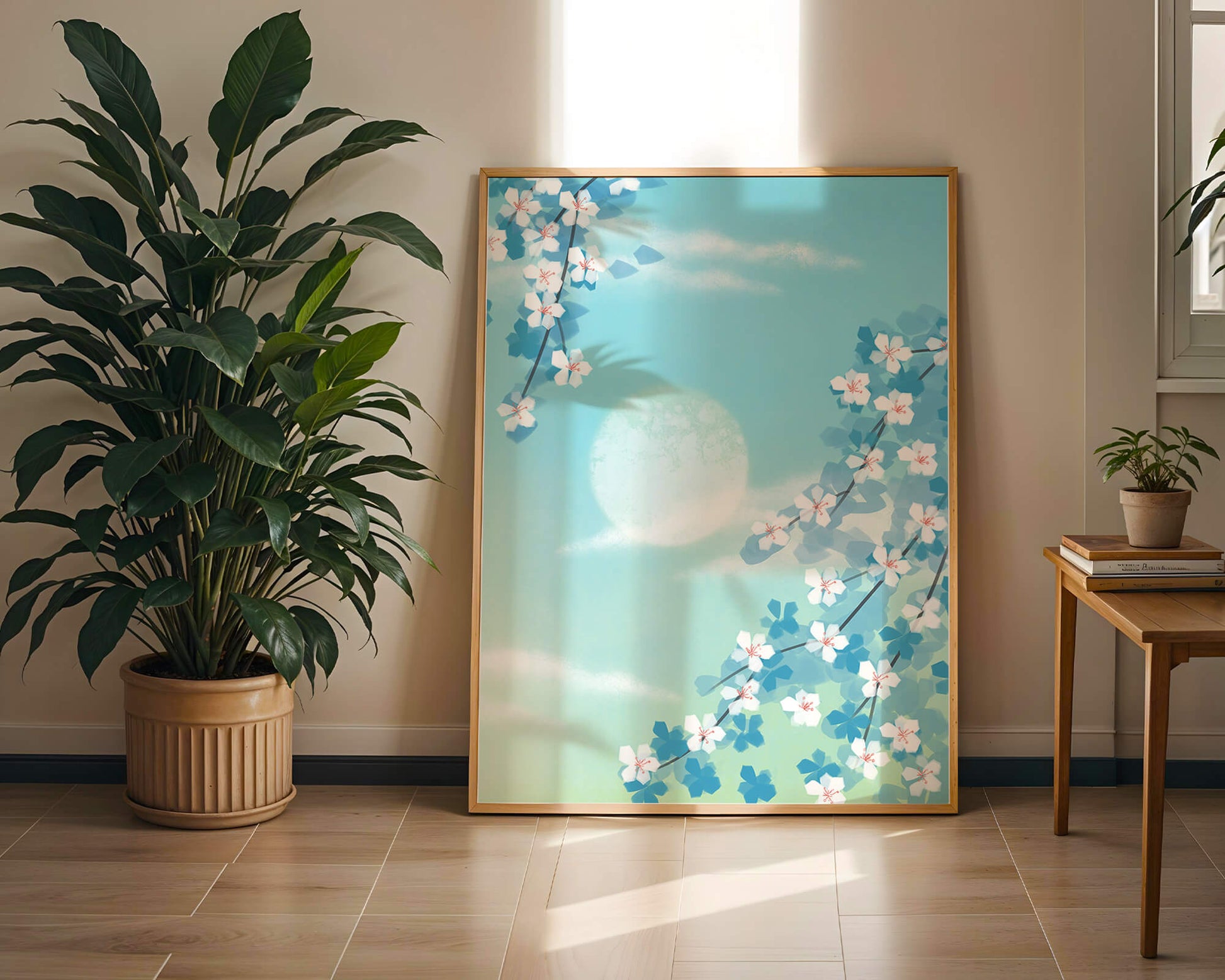 Serene spring blossoms against a pastel sky with gentle sunlight