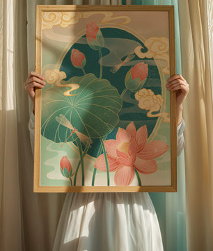 Ruhiges orientalisches Lotus-Design mit Libellen und Wolken