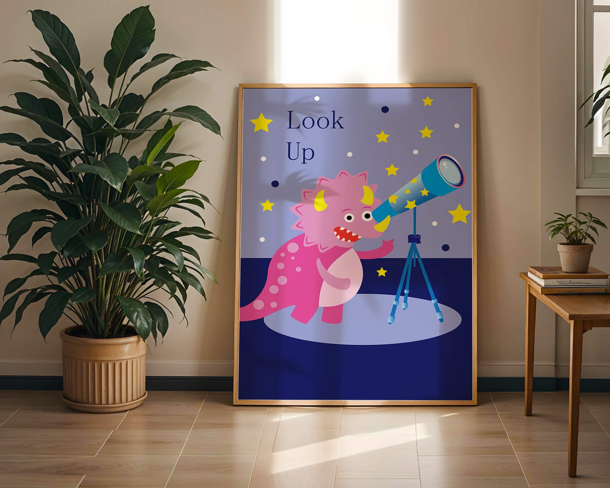 Pink cartoon dinosaur looking through a telescope with stars