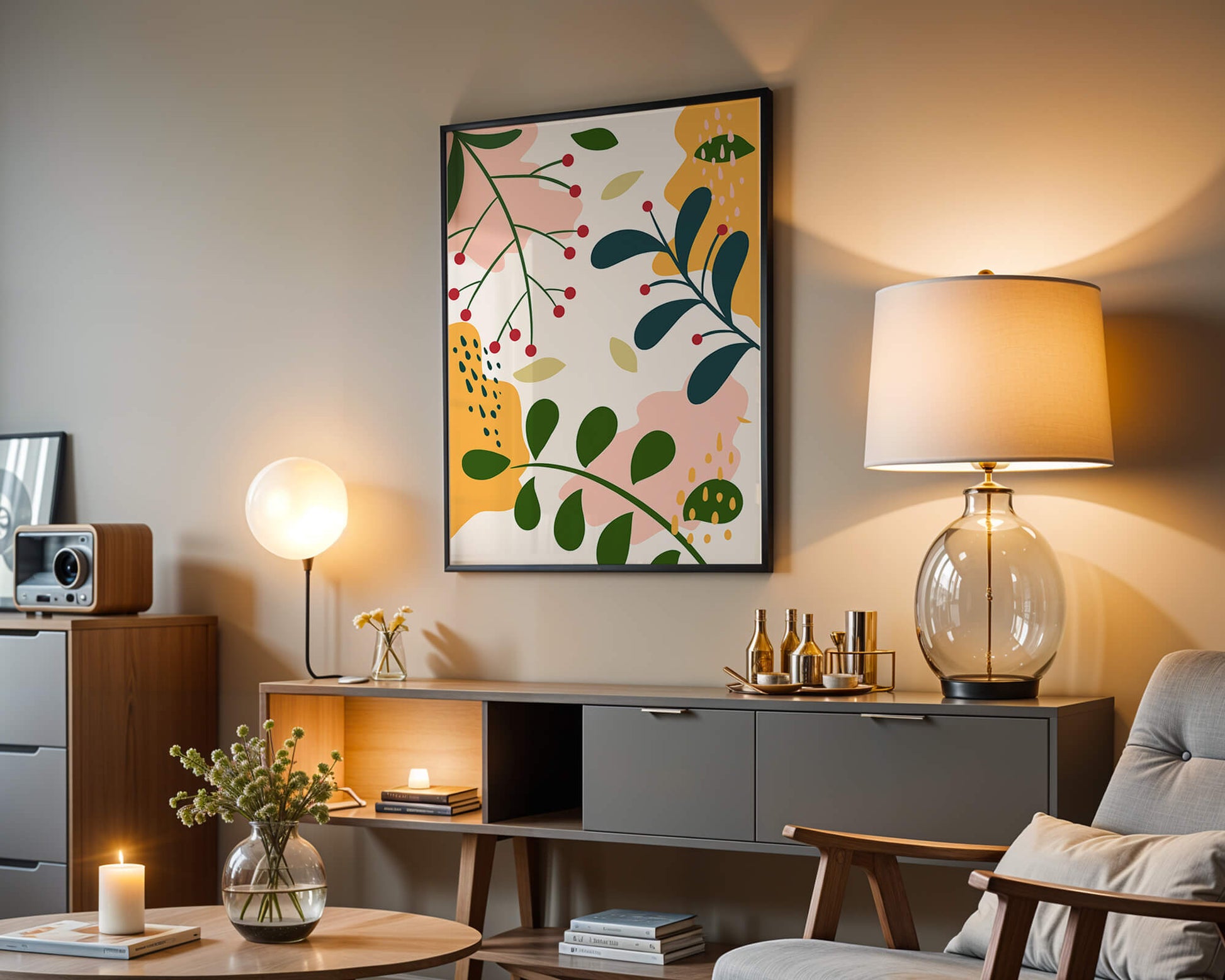 Abstract Floral Pattern with Bold Colors and Geometric Shapes