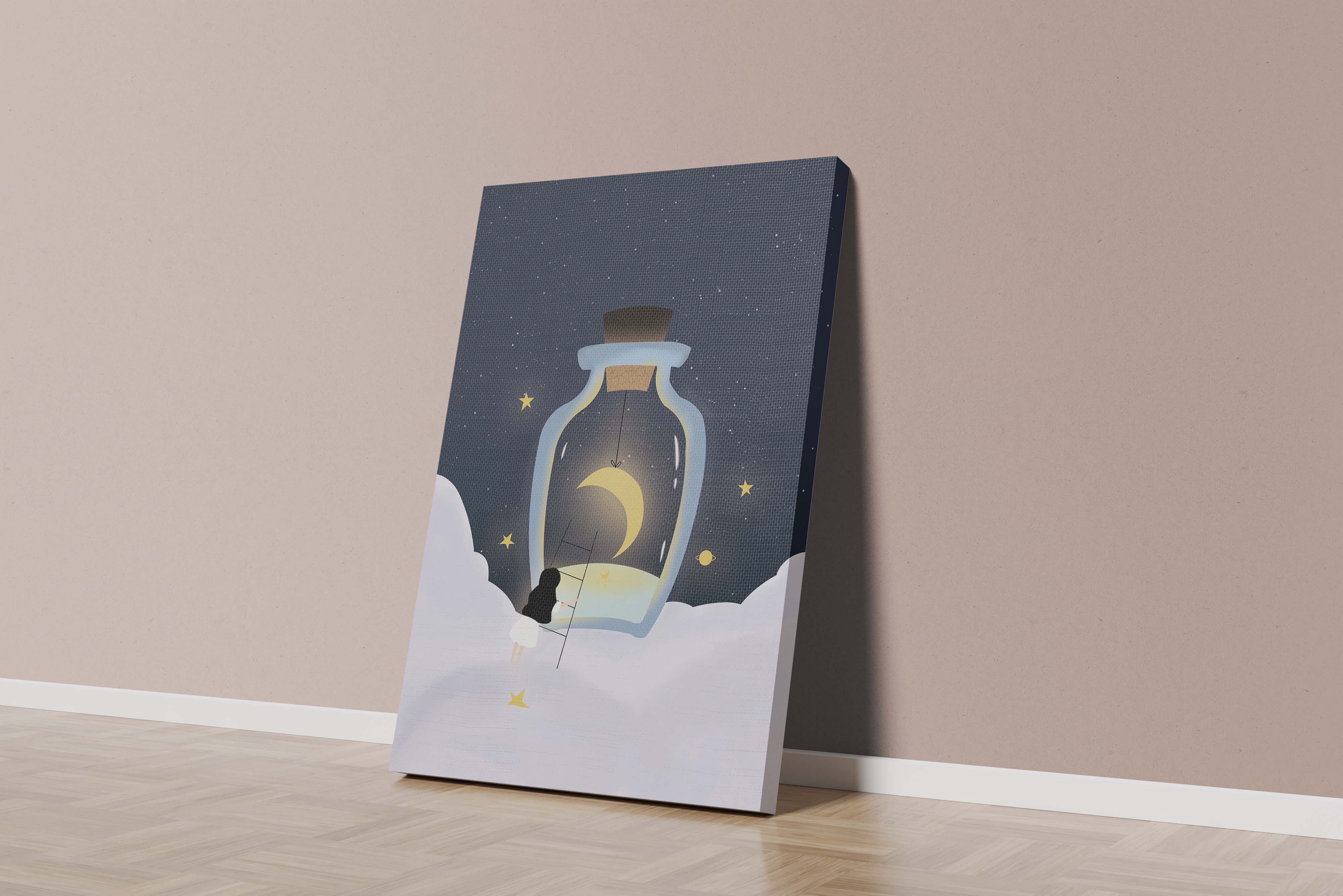 Fantasy Scene with Girl and Moon in a Bottle