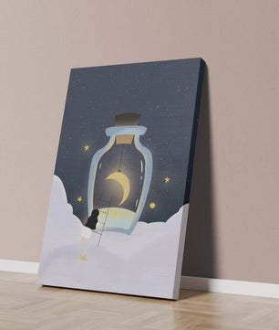 Fantasy Scene with Girl and Moon in a Bottle