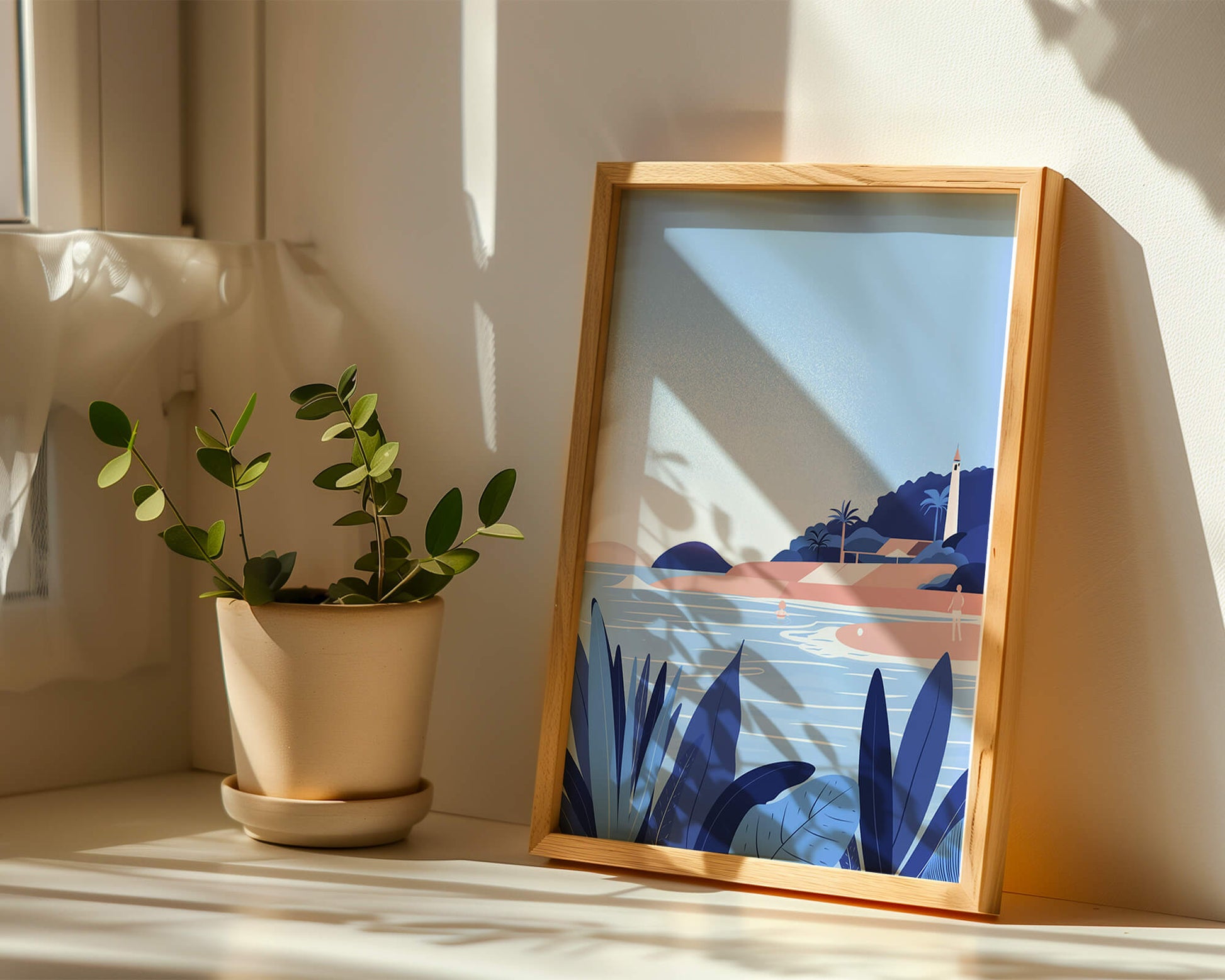 Serene seaside scene with lighthouse and tropical foliage