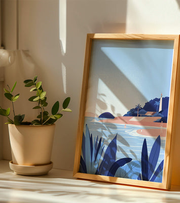 Serene seaside scene with lighthouse and tropical foliage