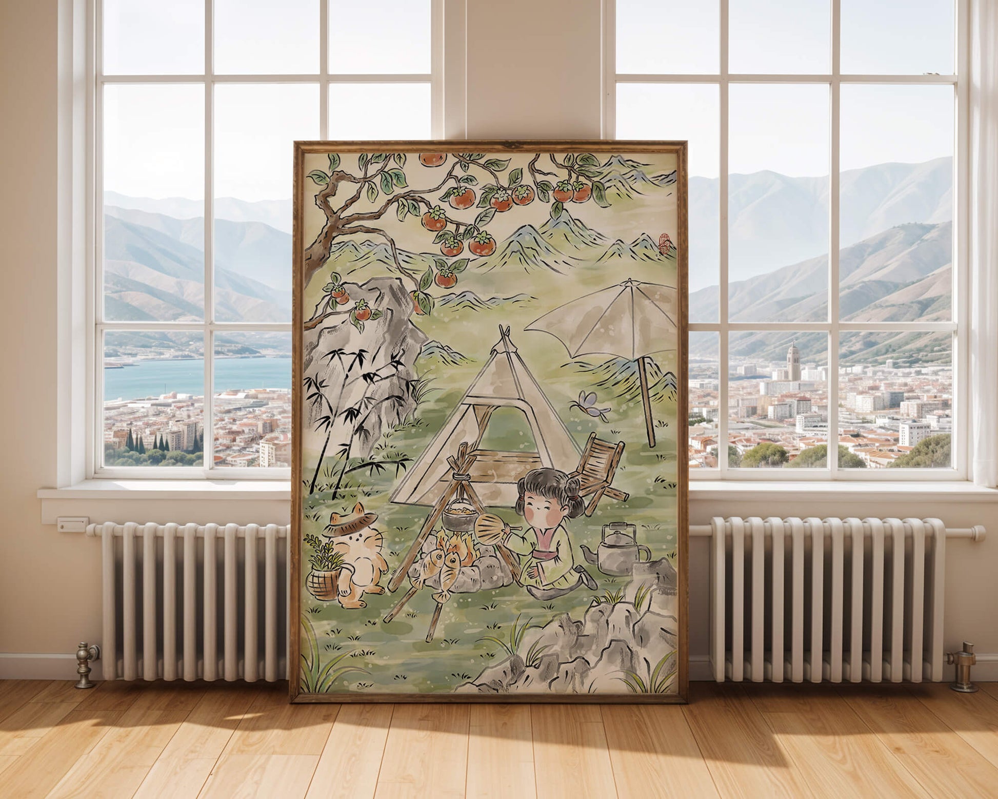 Escena encantadora de camping con un niño y un gato bajo un árbol de caqui