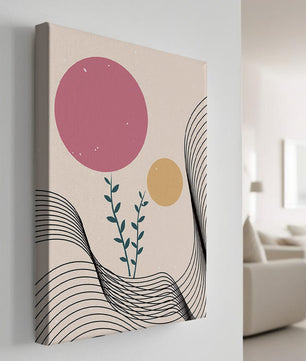 Composition florale abstraite avec des cercles roses et orange sur fond minimaliste