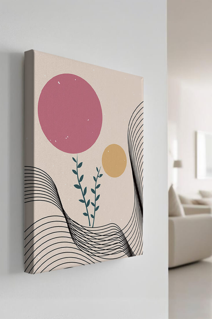 Composition florale abstraite avec des cercles roses et orange sur fond minimaliste