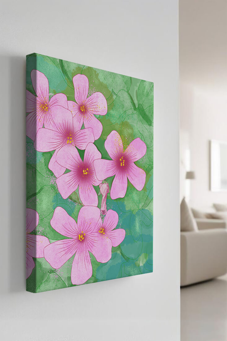 Zarte rosa Blüten auf einem leuchtend grünen Hintergrund Illustration