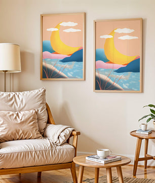 Abstract Landscape with Yellow Crescent and Pastel Colors