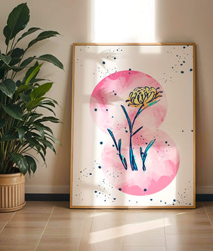 Abstract Floral Design with Pink Circles and Yellow Flower on White Background