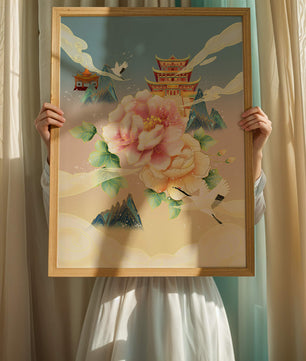 Elegant Asian Landscape With Pagoda, Cranes, and Peonies