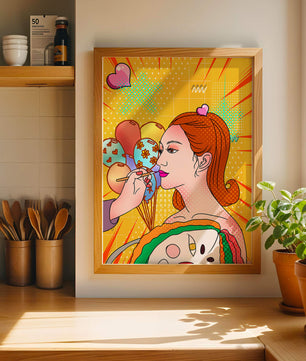Retrato de mujer en arte pop colorido con globos y patrones vibrantes