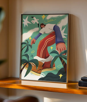 Colorful Abstract Surreal Landscape with Giant Figure and Nature Elements