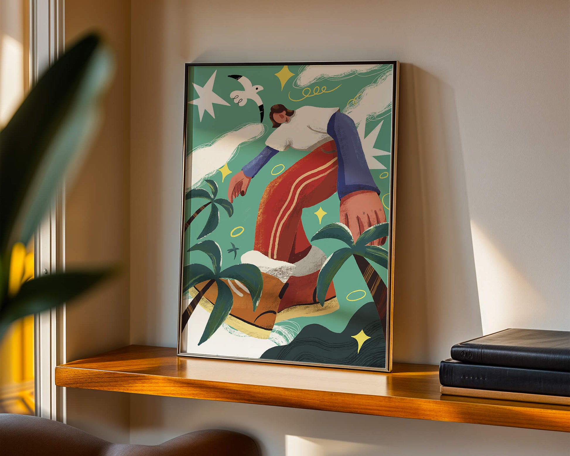 Colorful Abstract Surreal Landscape with Giant Figure and Nature Elements