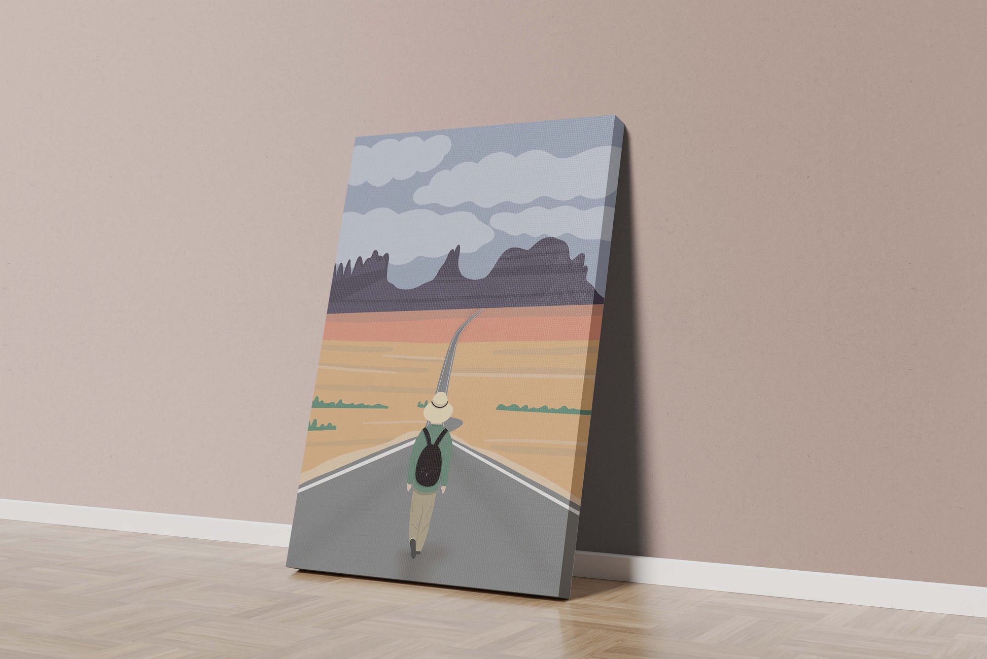 Traveler Walking on Endless Road Toward Mountains