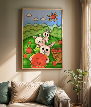 Illustration de lapins espiègles avec des carottes dans un champ ensoleillé