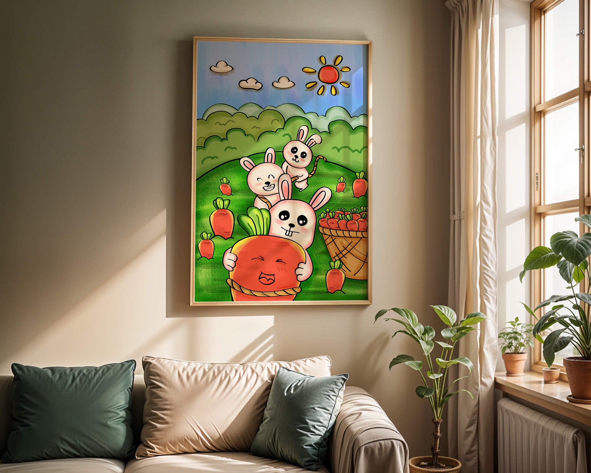 Illustration de lapins espiègles avec des carottes dans un champ ensoleillé