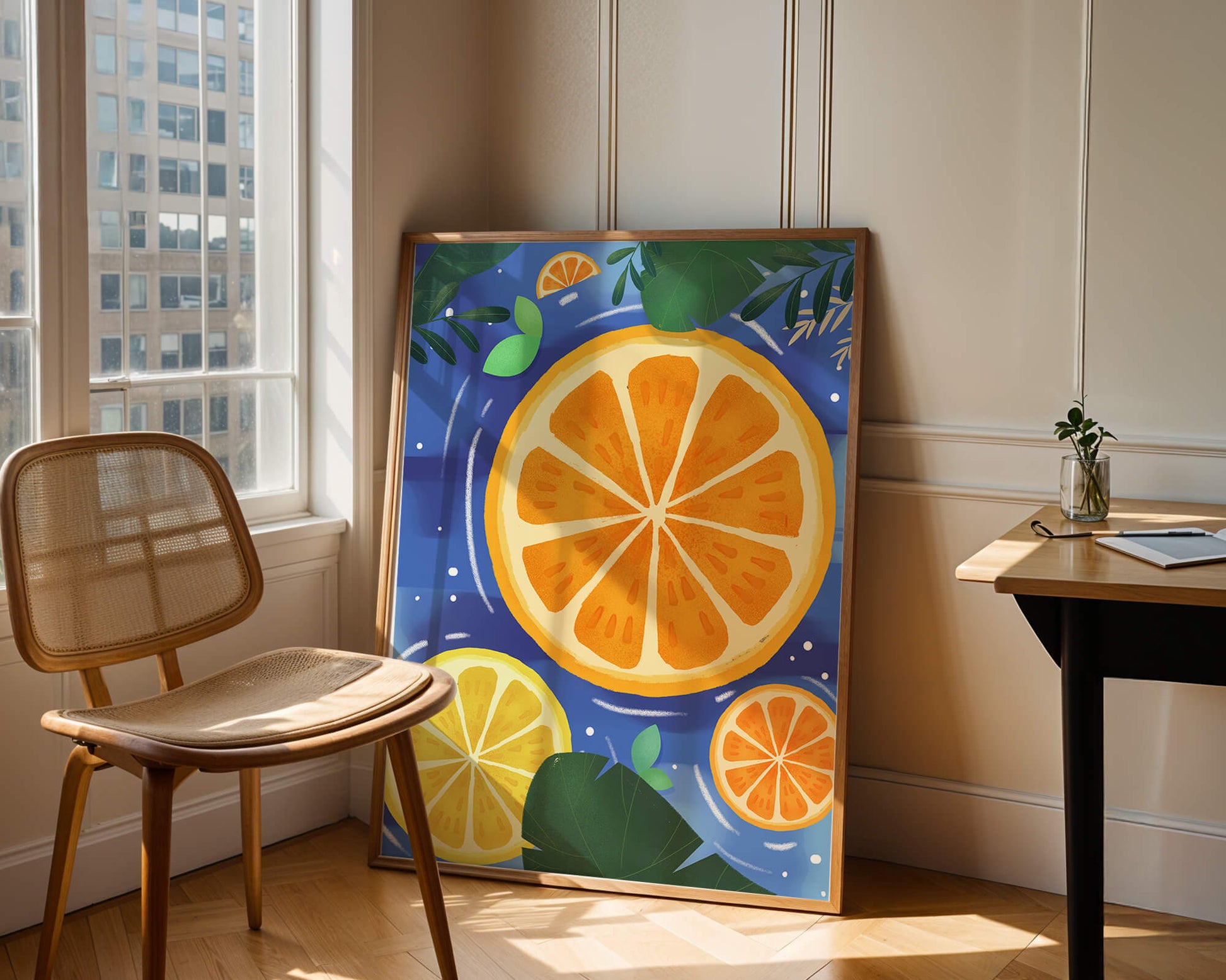 Rodajas de cítricos coloridas sobre fondo azul con hojas tropicales