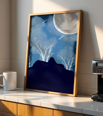 Winter Night Landscape with Bare Trees and Full Moon