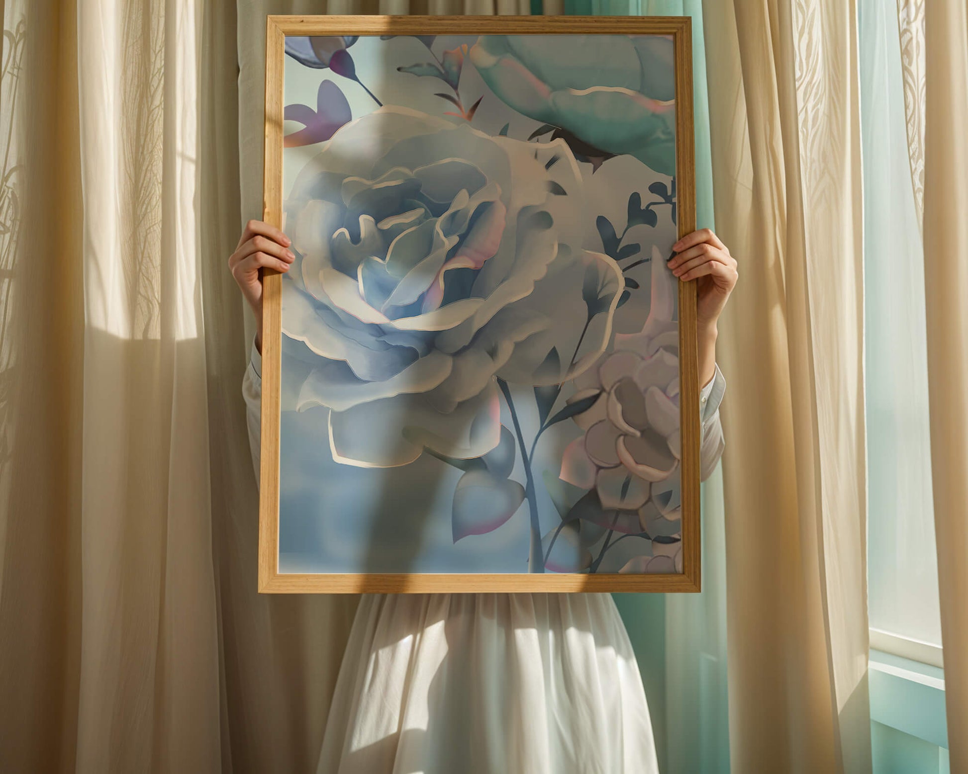 Rosas azules serenas con hojas delicadas sobre fondo suave