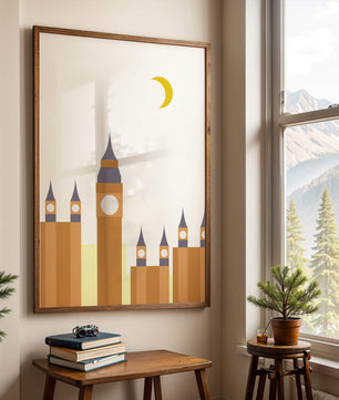 Ilustración minimalista de un icónico reloj con luna creciente