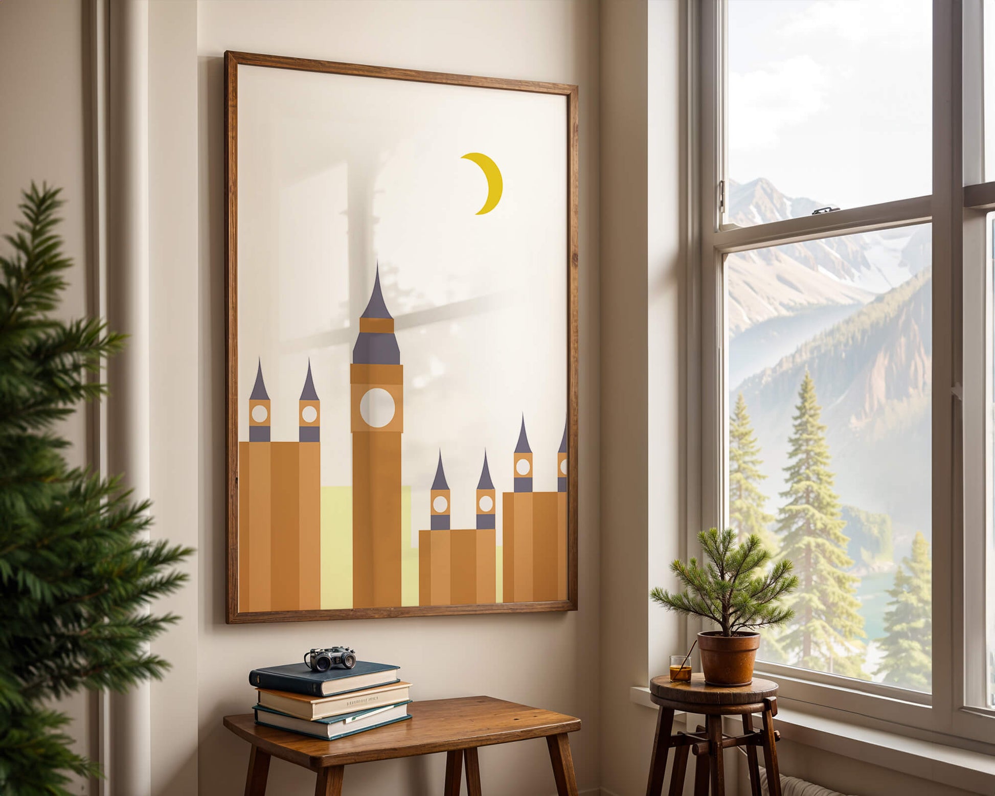 Minimalist illustration of iconic clock tower with crescent moon