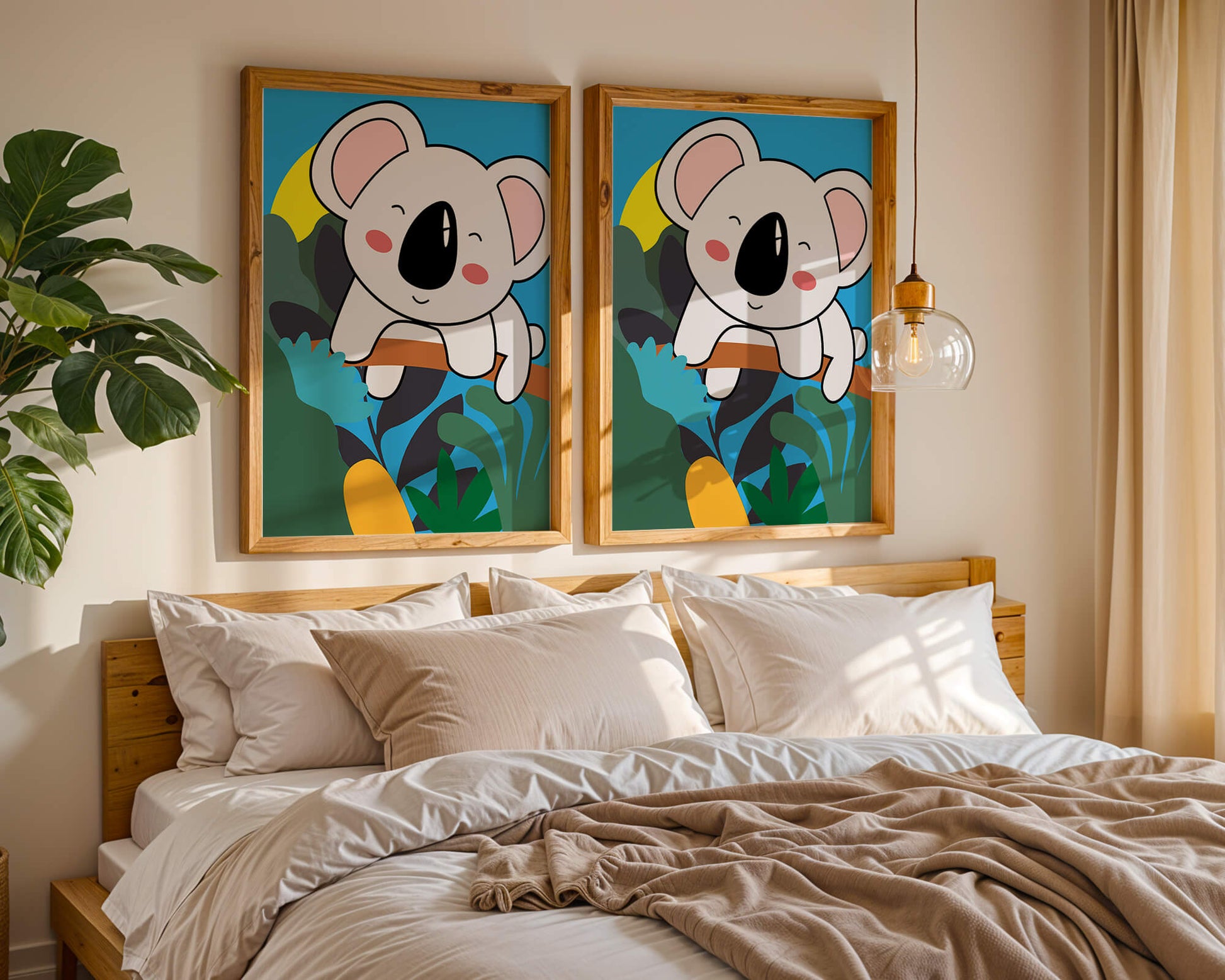 Charming illustrated koala on a branch with vibrant background