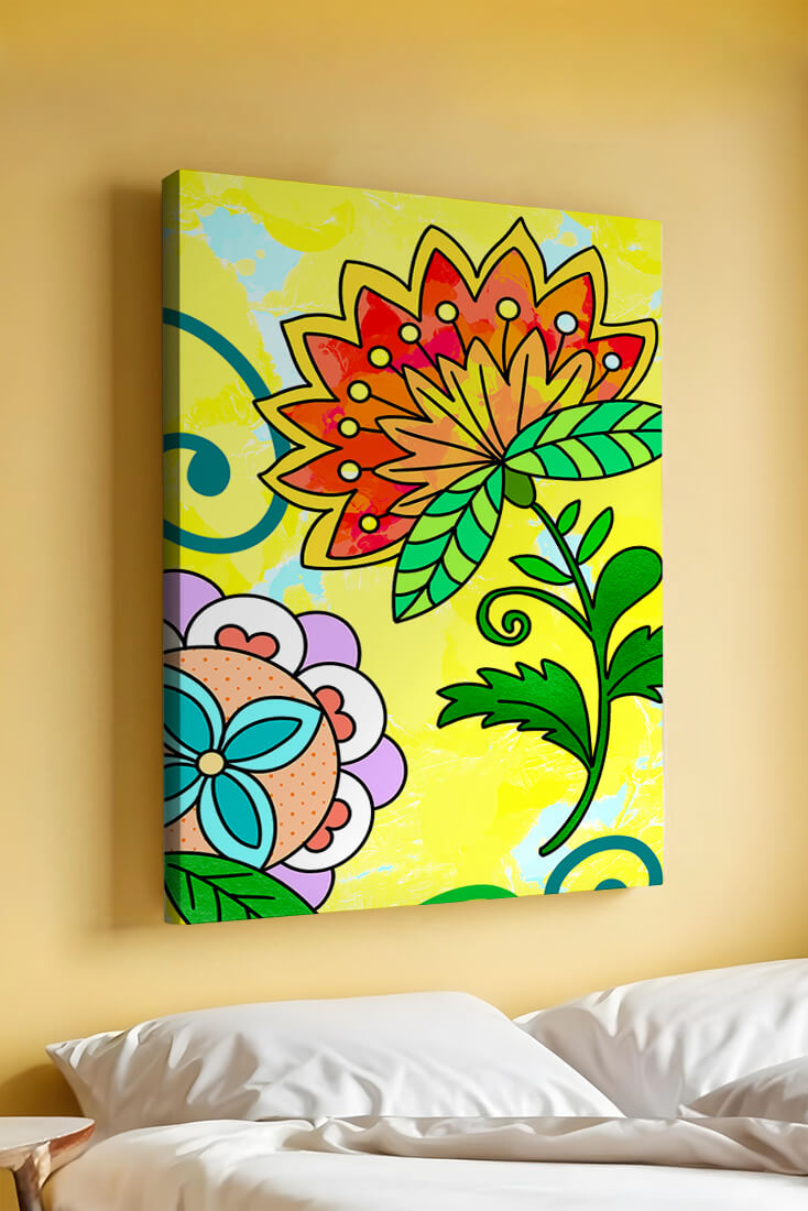 Colorful abstract floral illustration with bright yellow background