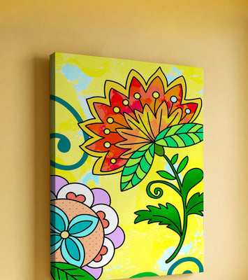 Colorful abstract floral illustration with bright yellow background