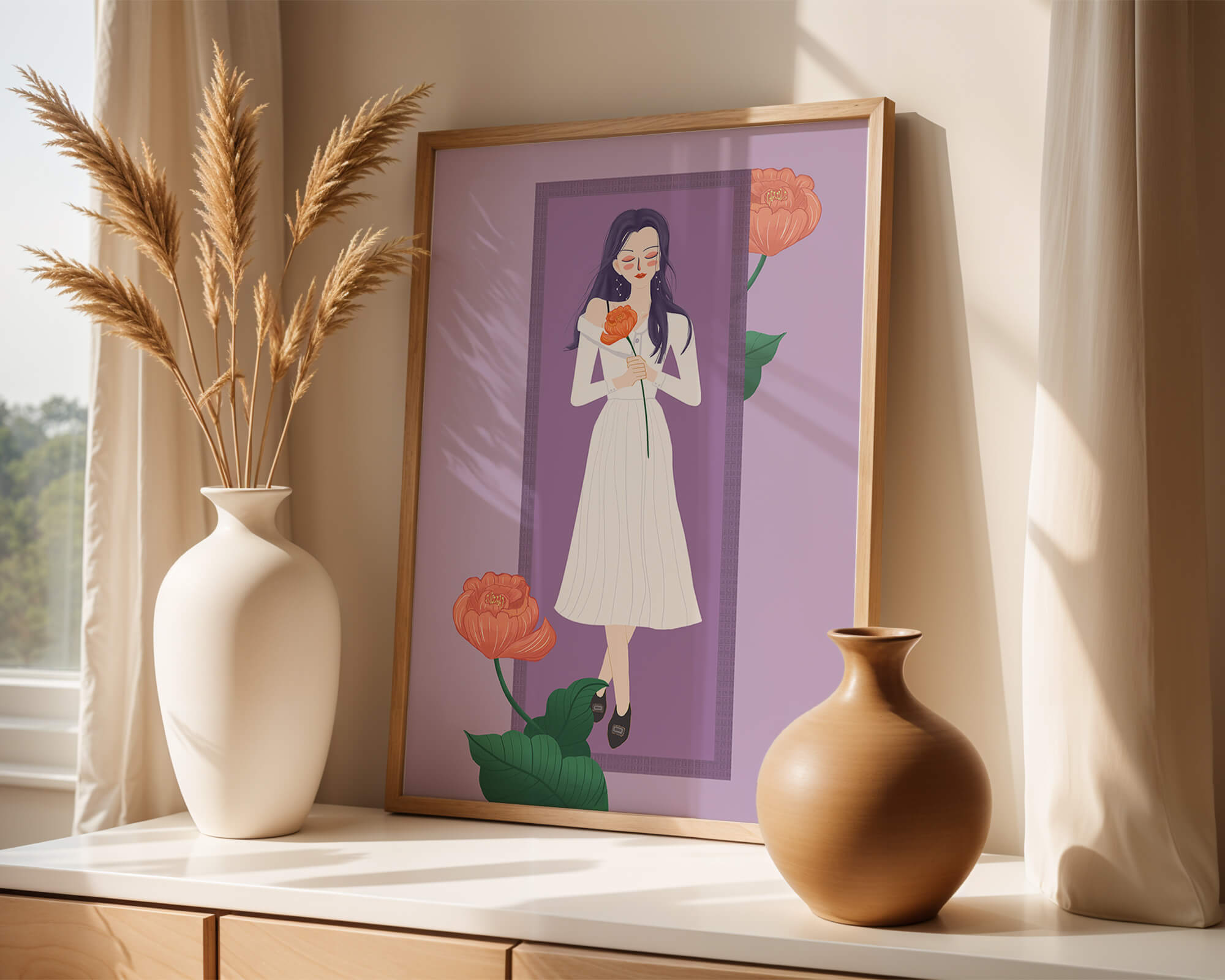 Illustration of a woman holding a flower in a serene pose