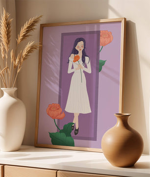 Illustration of a woman holding a flower in a serene pose
