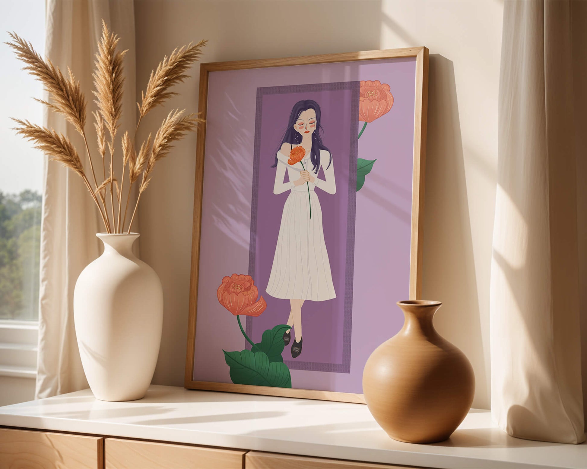 Illustration of a woman holding a flower in a serene pose
