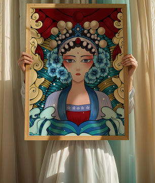 Traditional Asian Portrait with Vibrant Colors and Floral Details