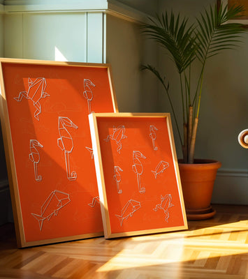 Geometric animal patterns on vibrant orange background