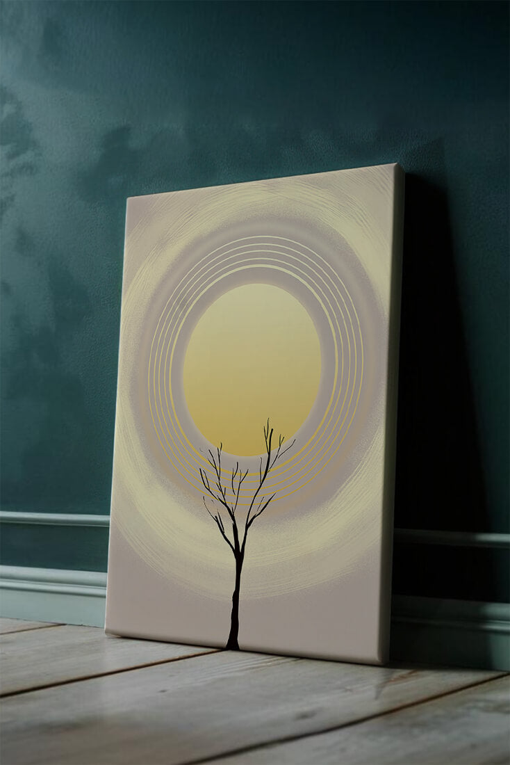 Stylized silhouette of a tree with concentric circles and large sun