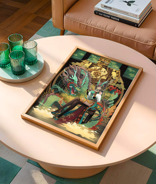 Art fantastique élégant d'une femme avec un dragon majestueux et des éléments dorés