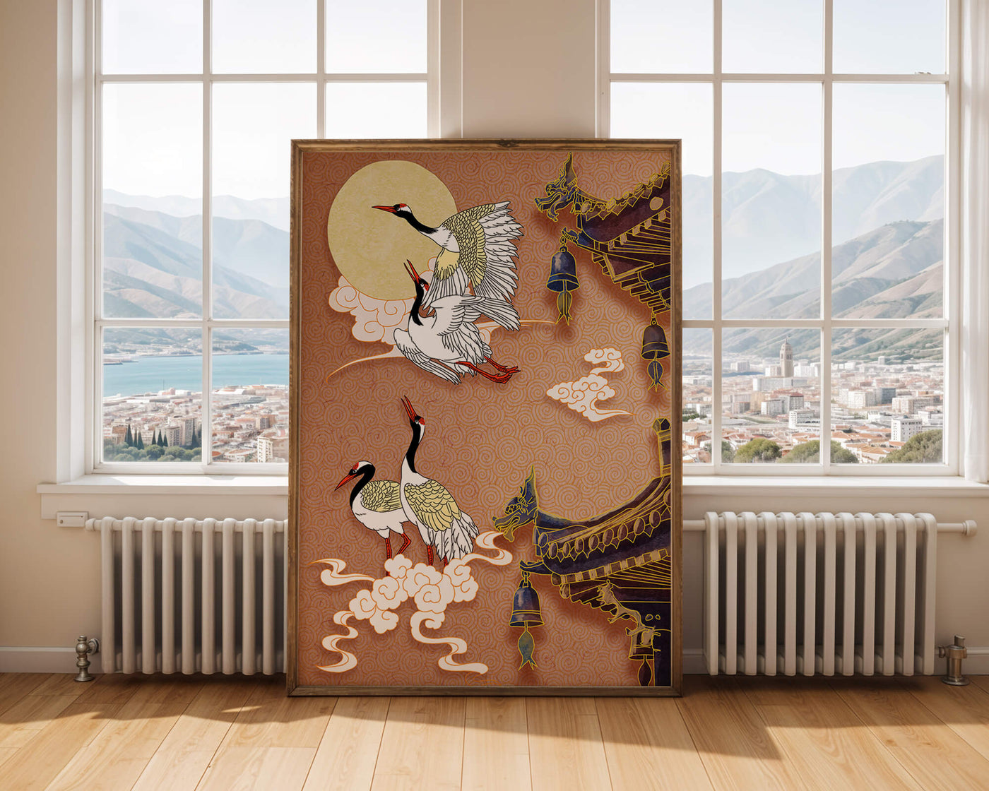 Elegant cranes flying beside traditional Asian architecture under moonlight