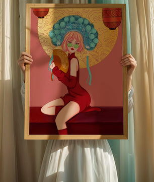 Elegante Illustration einer Frau in traditioneller Kleidung mit einem Fächer