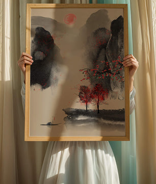 Serene landscape with red foliage and misty mountains