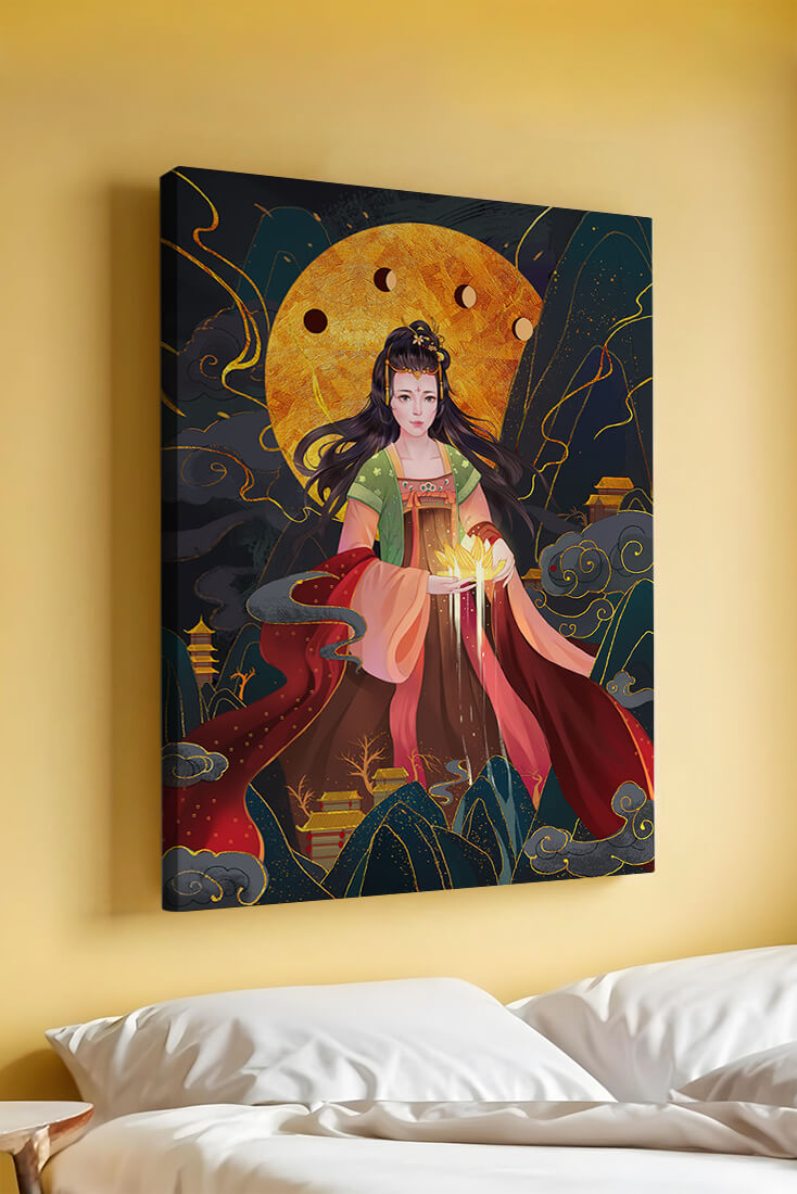 Elegante representación de una figura mítica con un fondo celestial dorado.