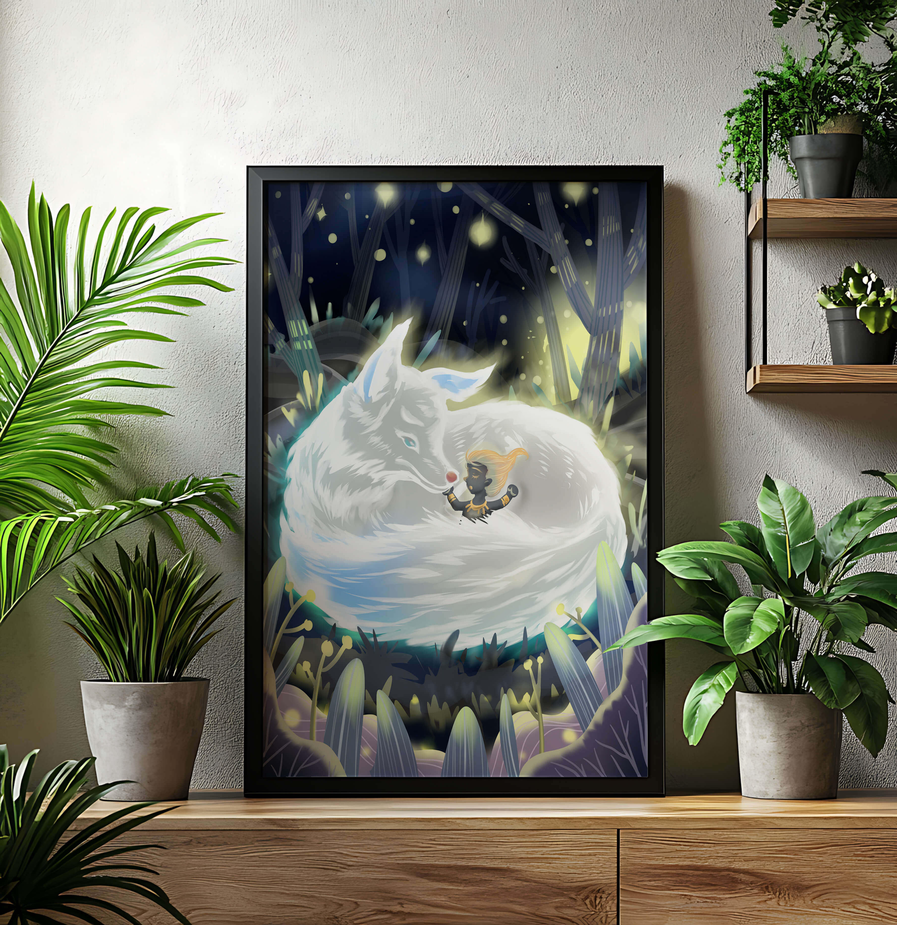 Whimsical forest scene with a sleeping wolf and a mysterious figure at night