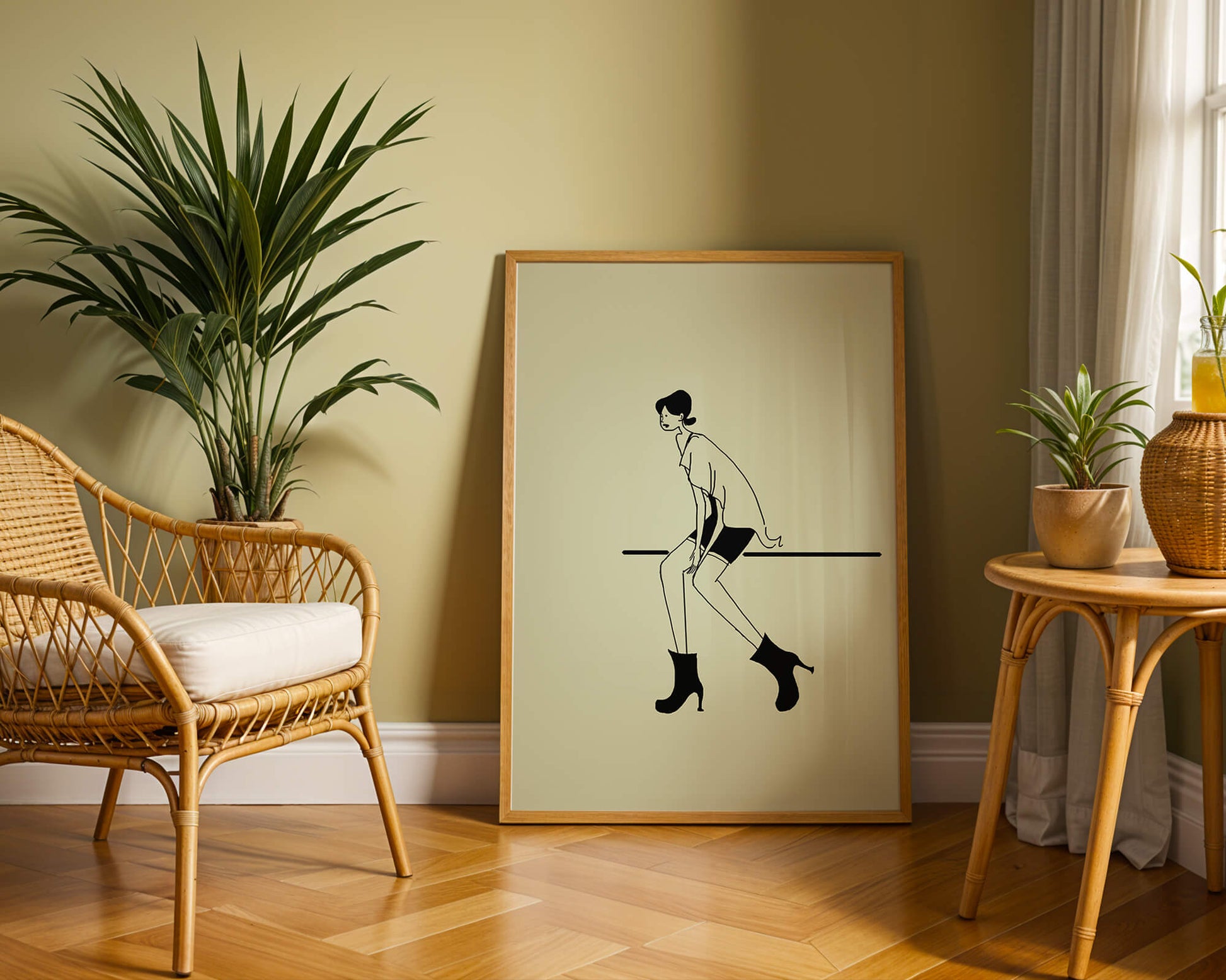 Schicke minimalistische Illustration einer sitzenden Frau in stylischen Stiefeln