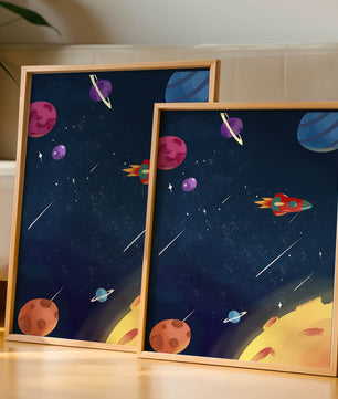 Farbenfrohes Weltraumabenteuer mit Planeten und Raketenillustration