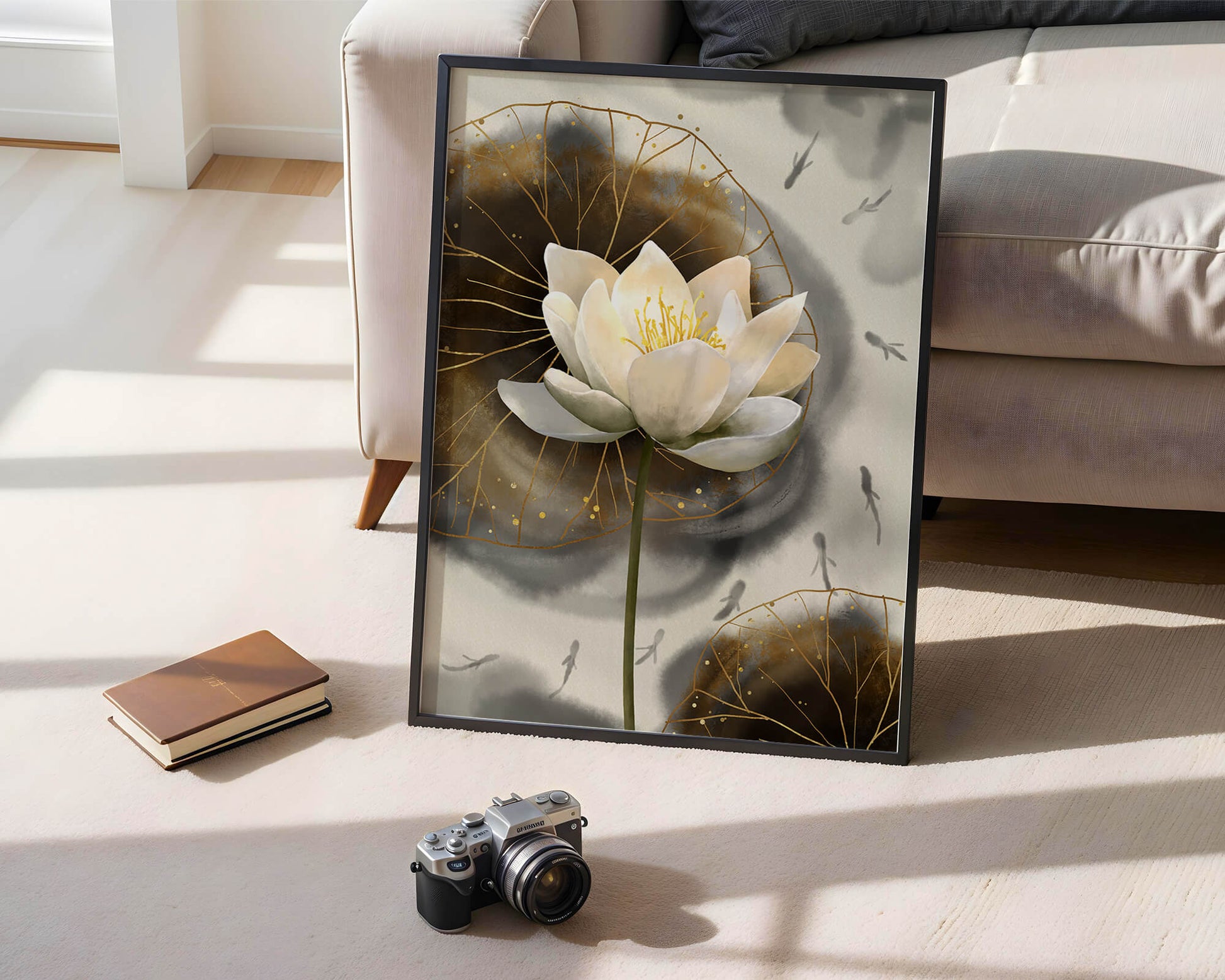 Illustration of a lotus flower with golden accents