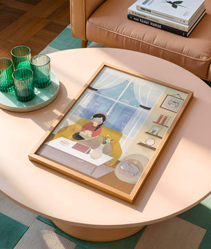 Cozy living room with a girl and a dog on a yellow sofa