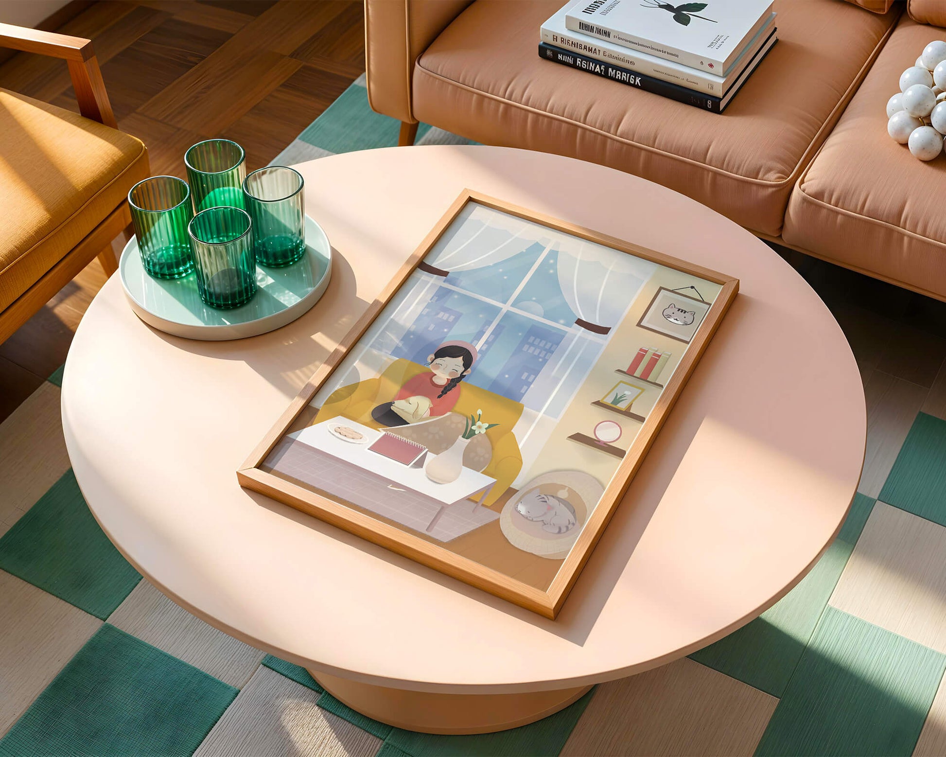 Cozy living room with a girl and a dog on a yellow sofa