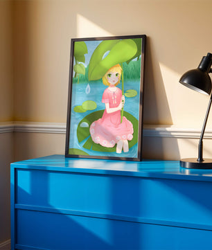 Whimsical Illustration of a Young Girl in a Pink Dress Sitting on a Lily Pad