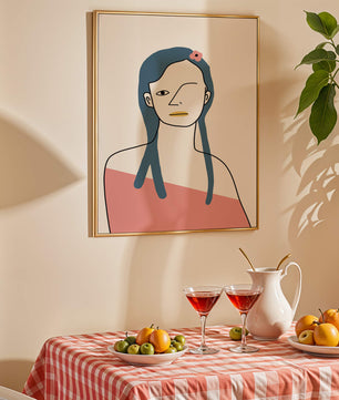 Abstract Portrait with Blue Hair and Floral Accent - Mi tienda