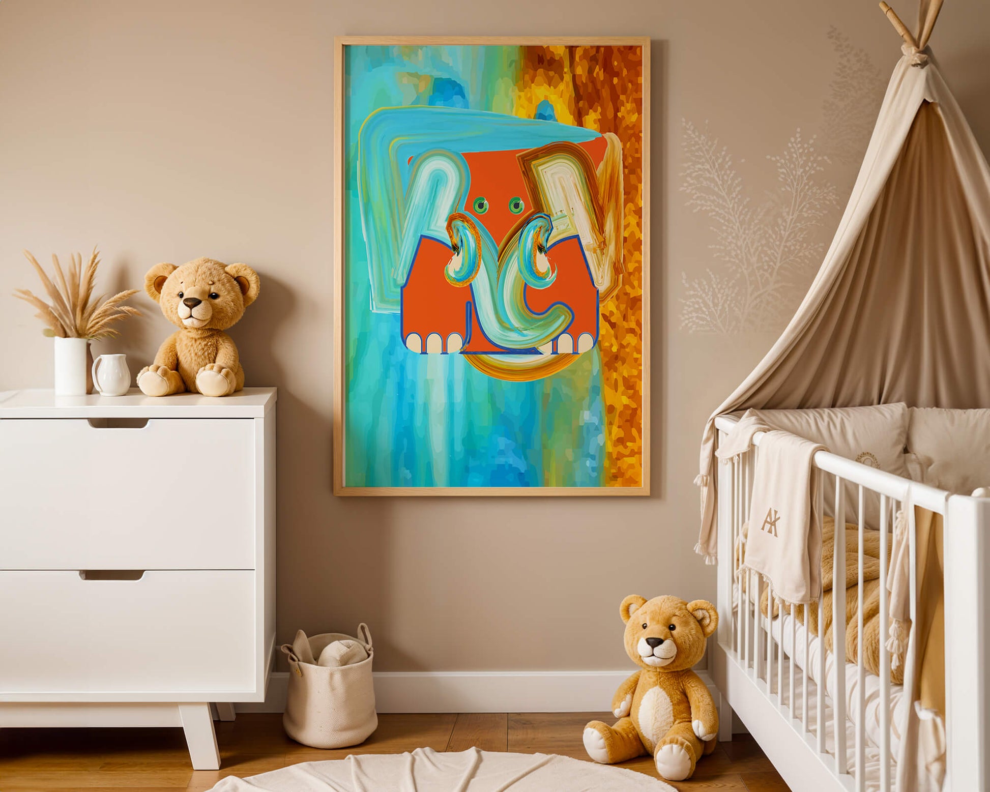 Pintura abstracta colorida de un elefante con tonos vibrantes y pinceladas artísticas.